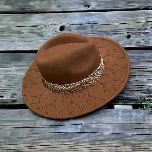 Custom Burned Flower Design Dark Tan Wide Brim Panama Style Hat Adjustable