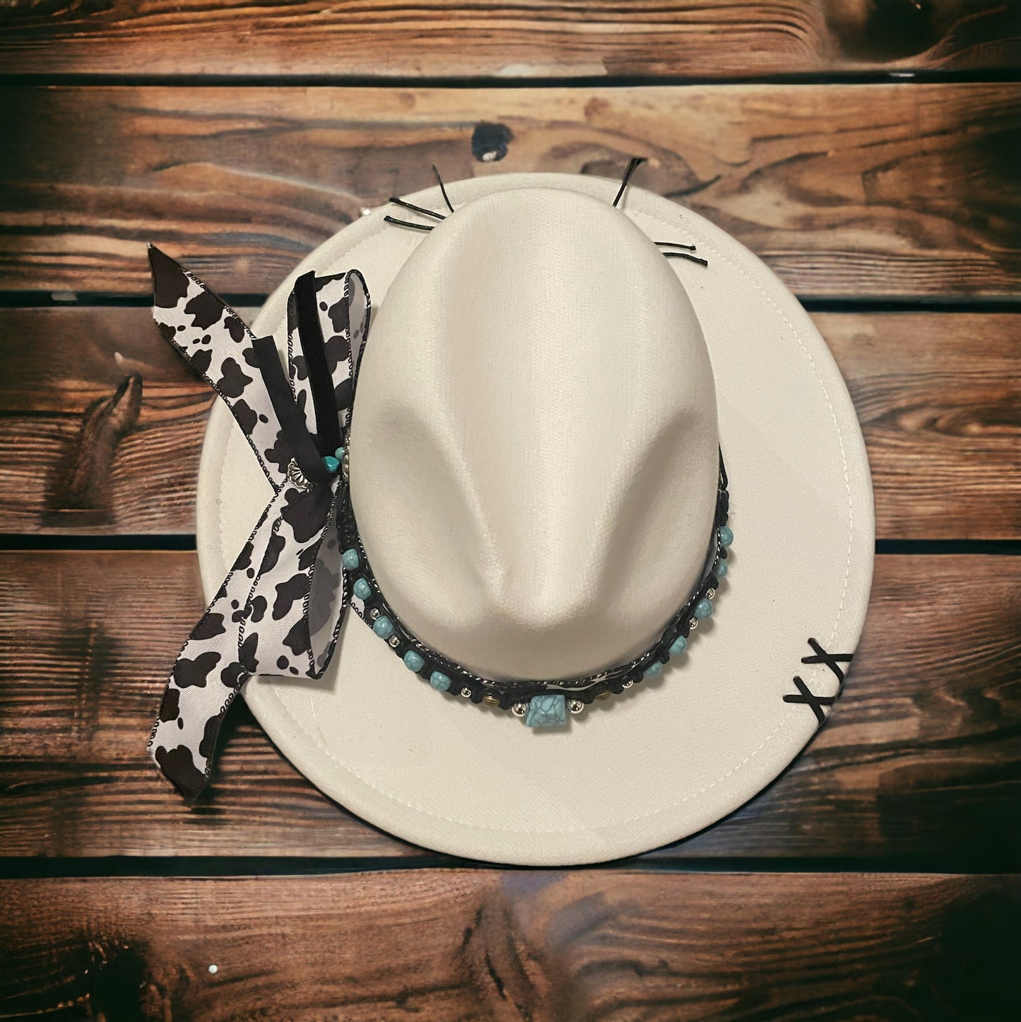 Western White Cowprint Embellished Fedora Hat