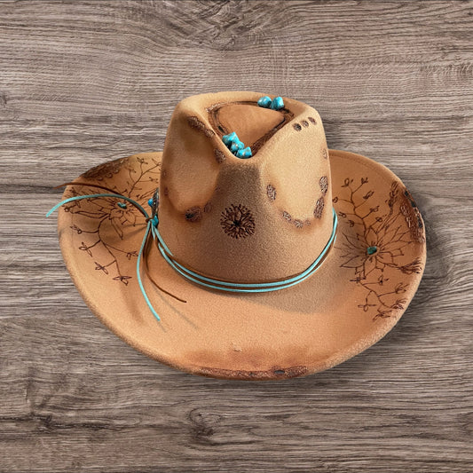 Custom Burned & Designed Tan & Turquoise Western Adjustable Hat