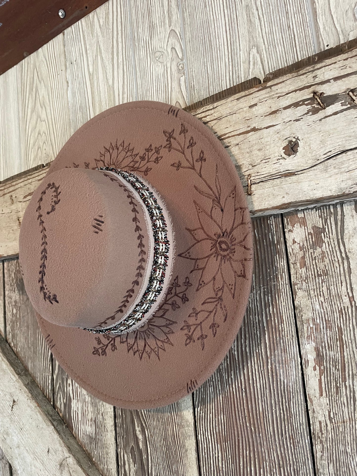 Custom Burned & Designed Floral Boho Tan Adjustable Hat