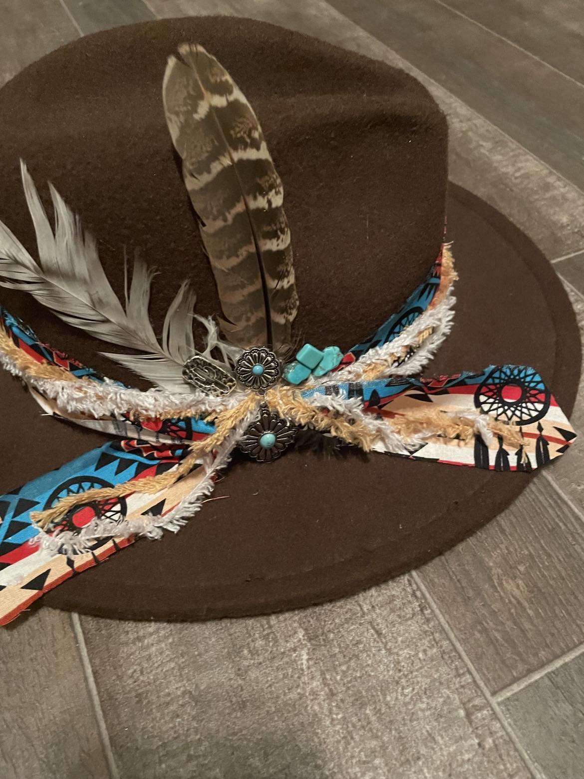 Western-style Brown Felt Hat w/ Embellishments-Loretta