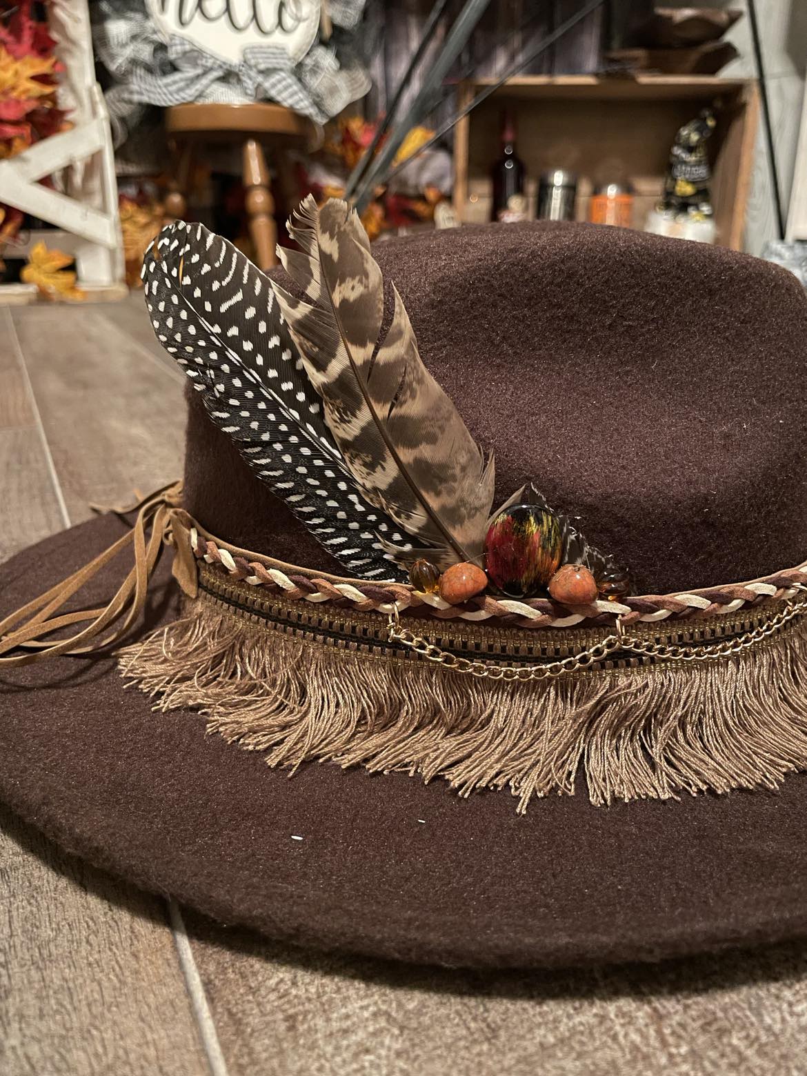 Western-style Brown Felt Hat w/ Embellishments-"Roseanne"