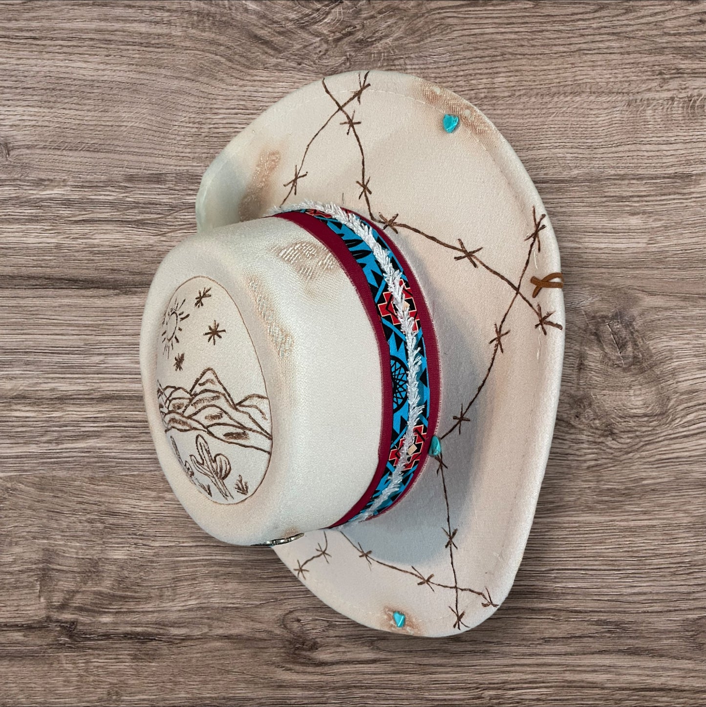 Custom Burned & Designed  Western Cactus Barb Wire Oatmeal Adjustable Hat