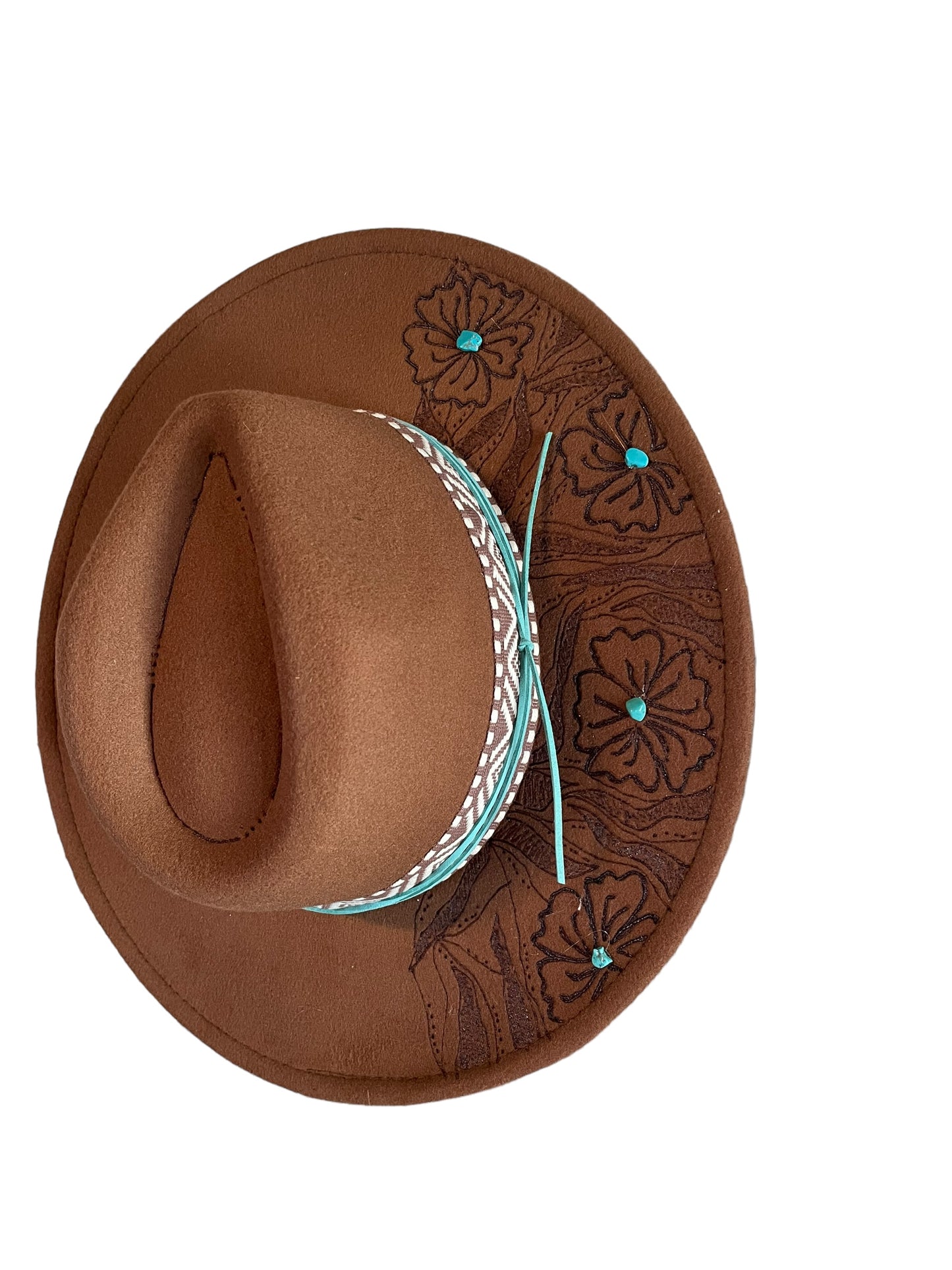 Custom Burned & Western Designed Brown Adjustable Hat Felt/Polyester Blend