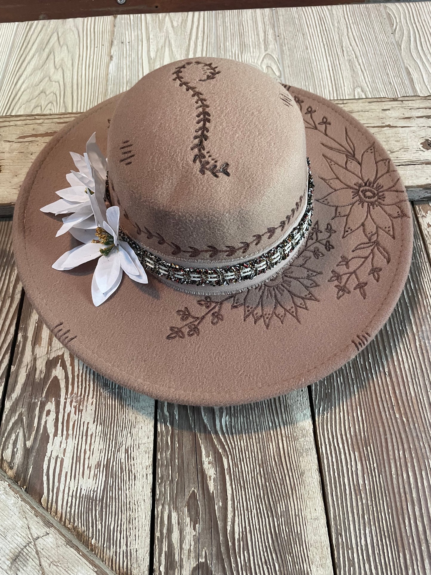 Custom Burned & Designed Floral Boho Tan Adjustable Hat