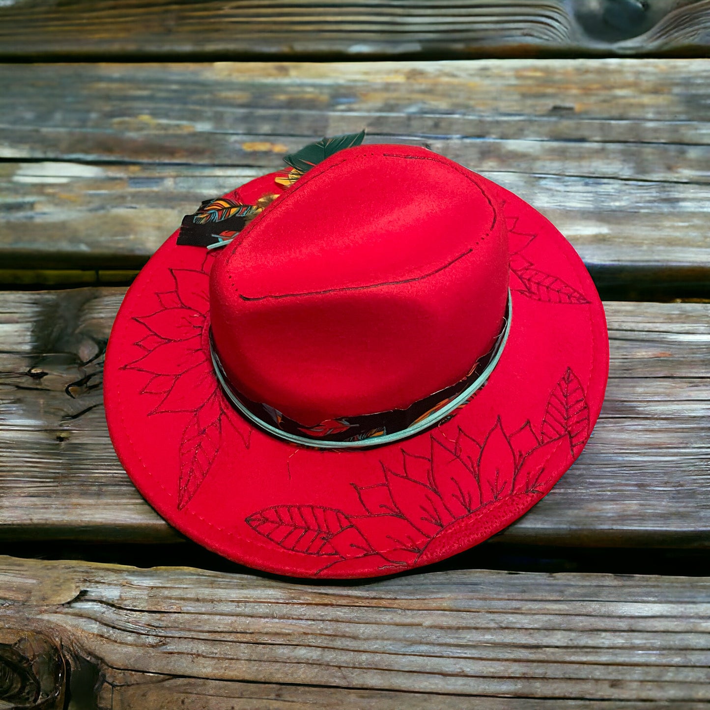 Custom Burned Flower Design Red Adjustable Fedora Style Hat