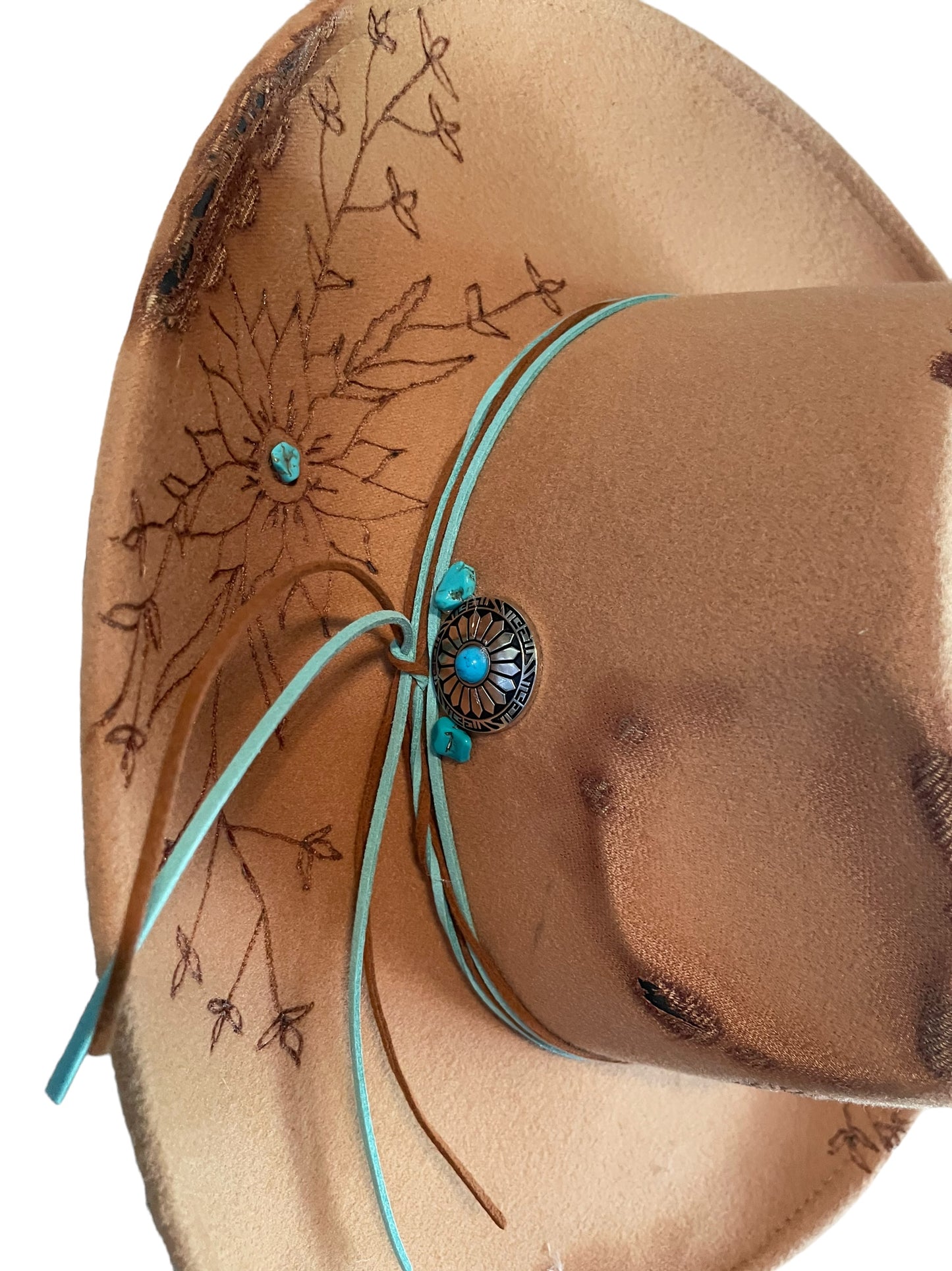 Custom Burned & Designed Tan & Turquoise Western Adjustable Hat