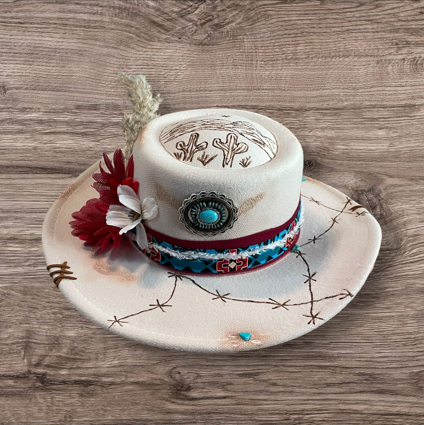 Custom Burned & Designed  Western Cactus Barb Wire Oatmeal Adjustable Hat