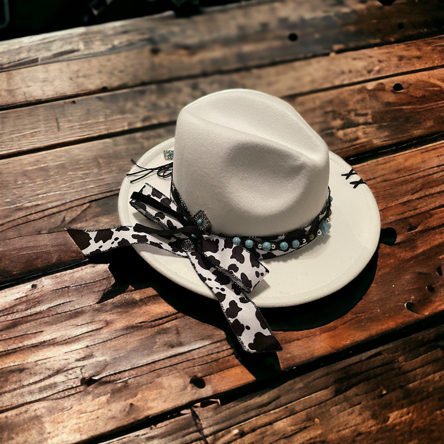 Western White Cowprint Embellished Fedora Hat