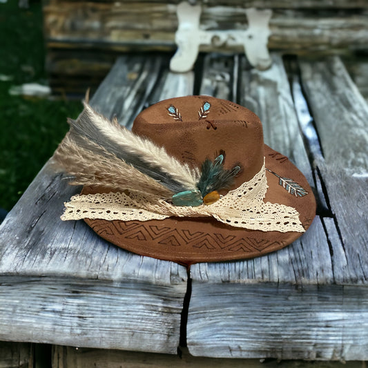Western Boho Custom Burned Adjustable Fedora Hat With Embellishments-Stevie