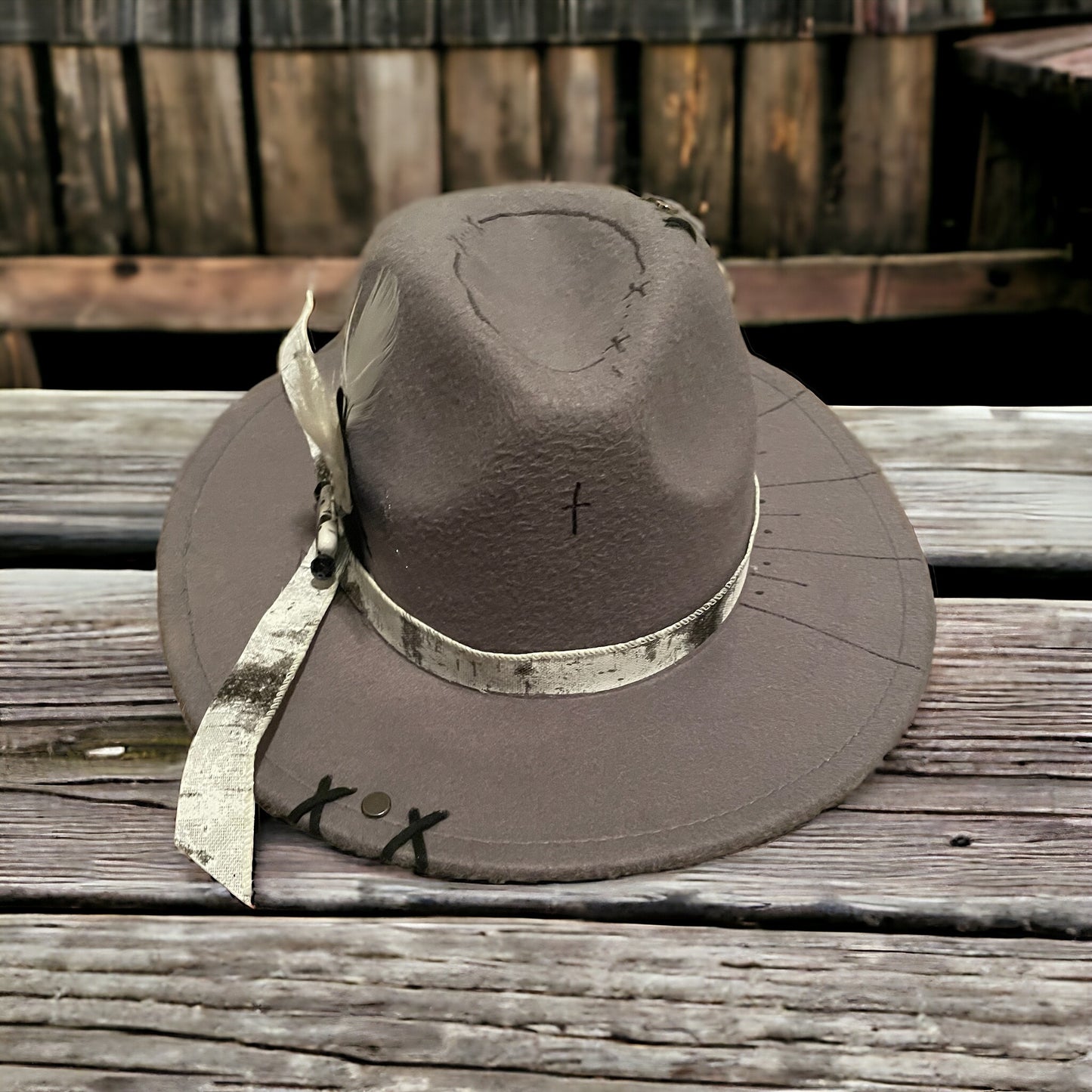 Custom Burned Grey Western Hat Adjustable Steer Skull Design Felt Material