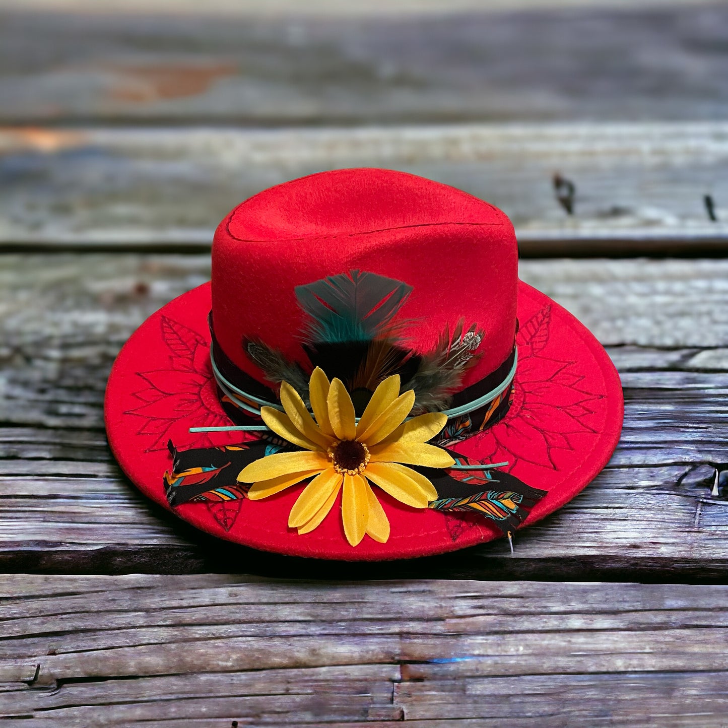 Custom Burned Flower Design Red Adjustable Fedora Style Hat