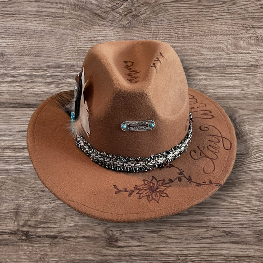 Custom Burned & Designed Stay Wild Tan Western Adjustable Hat is made from a combination of felt and polyester