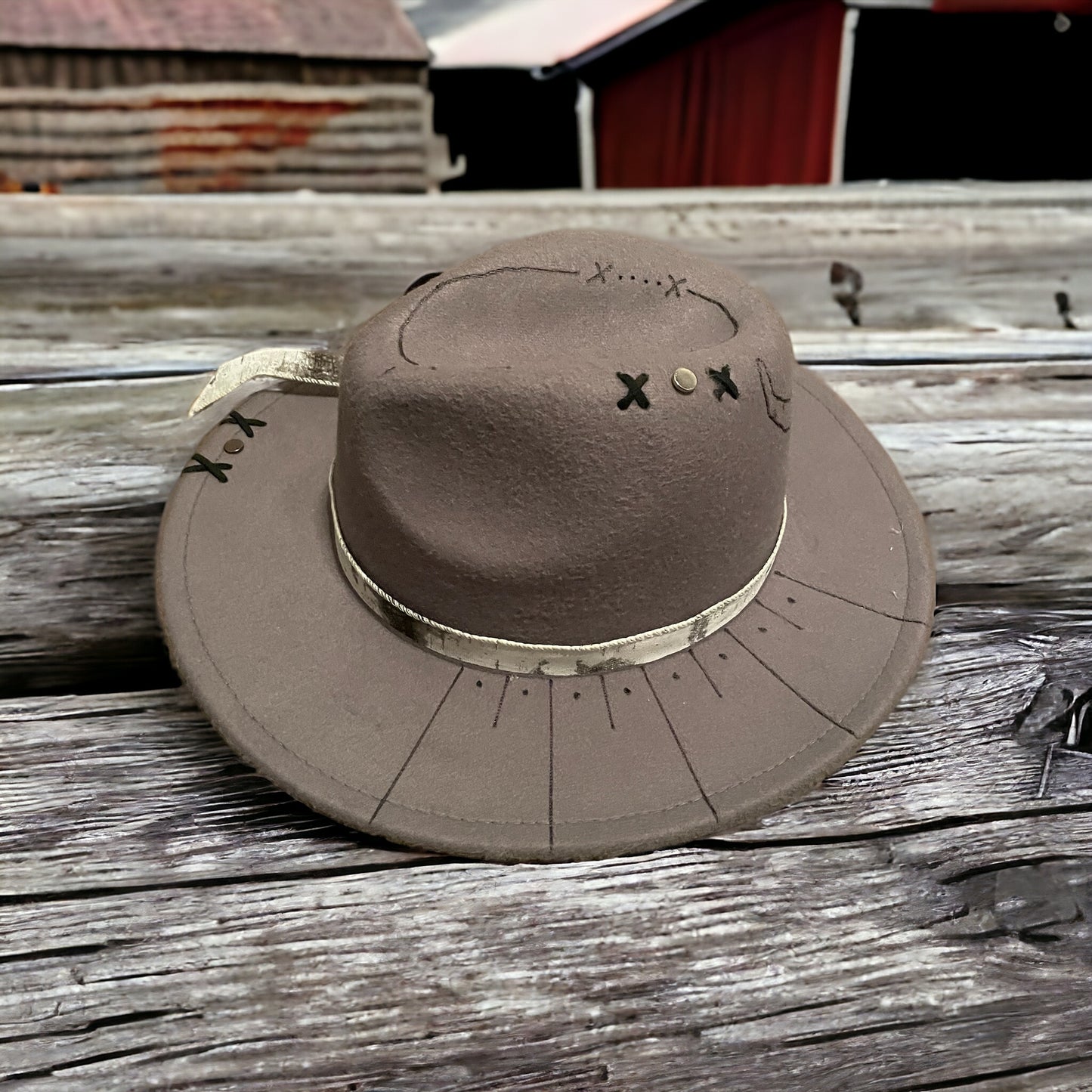 Custom Burned Grey Western Hat Adjustable Steer Skull Design Felt Material