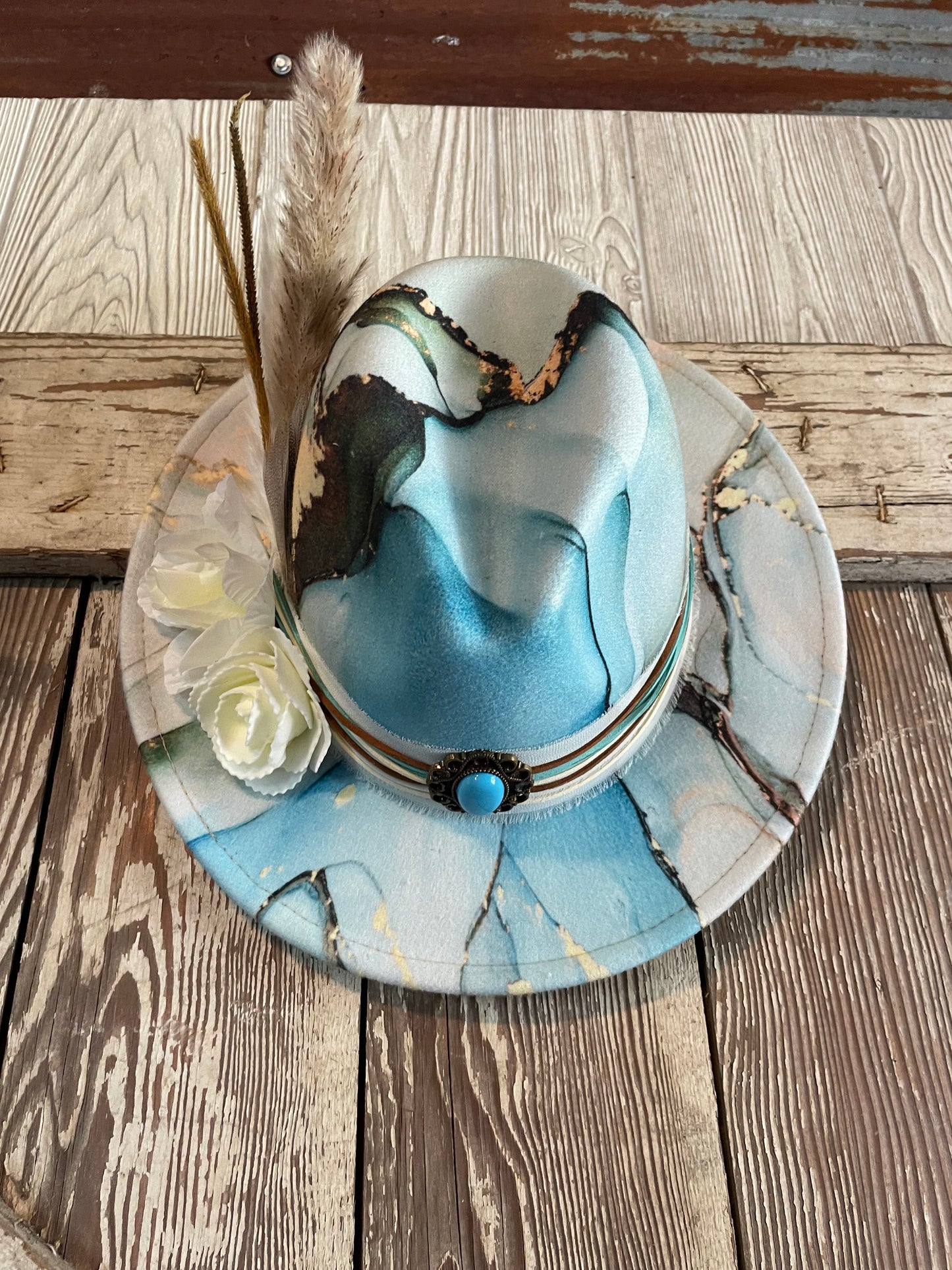 Turquoise Marble Designed Adjustable Hat Felt/Polyester