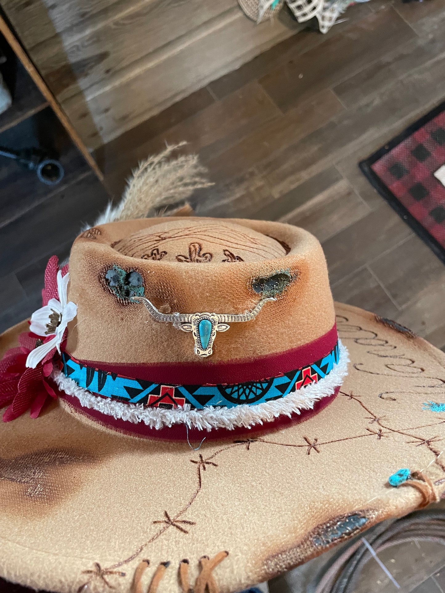 Custom Burned Western/Boho Wide Brim Hat