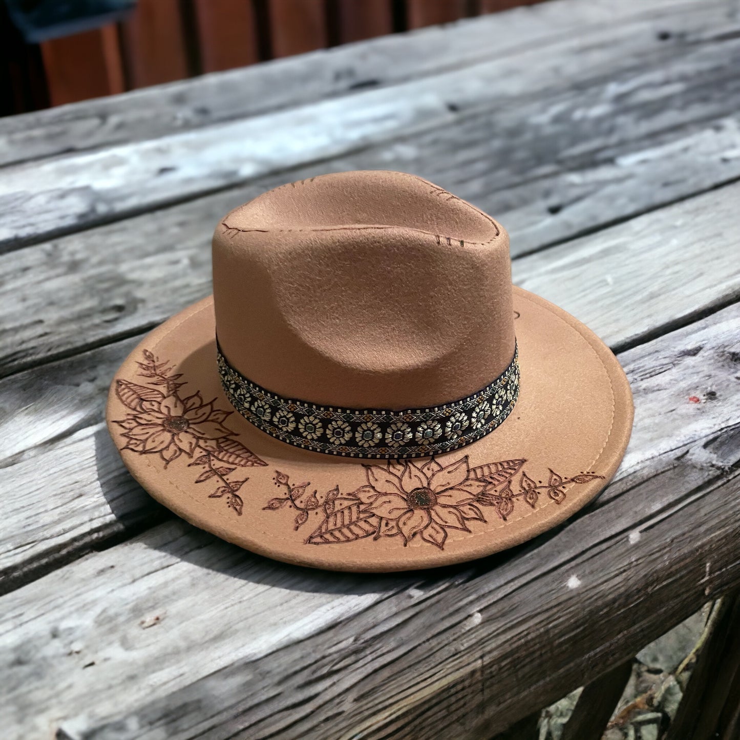 Western Boho Burned Felt Fedora Hat