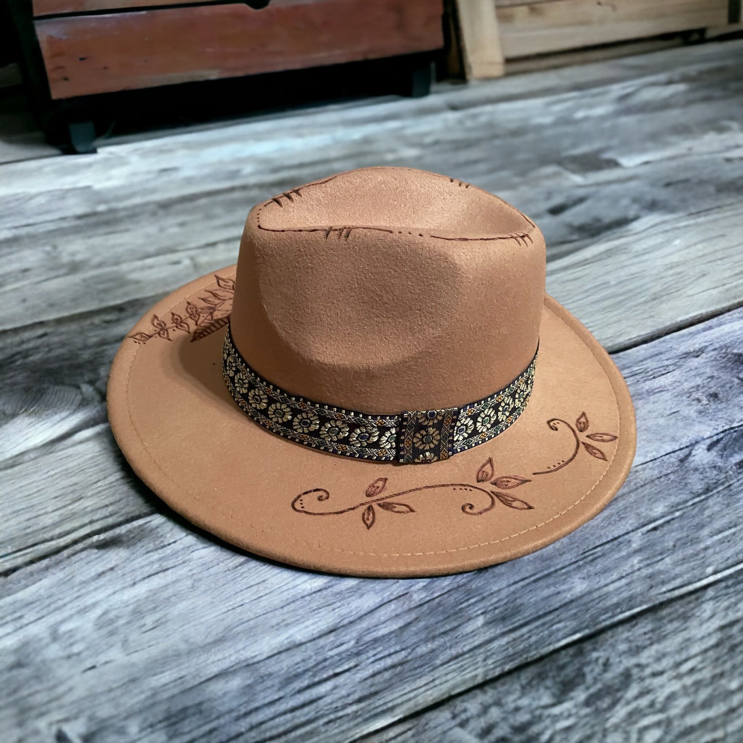Western Boho Burned Felt Fedora Hat