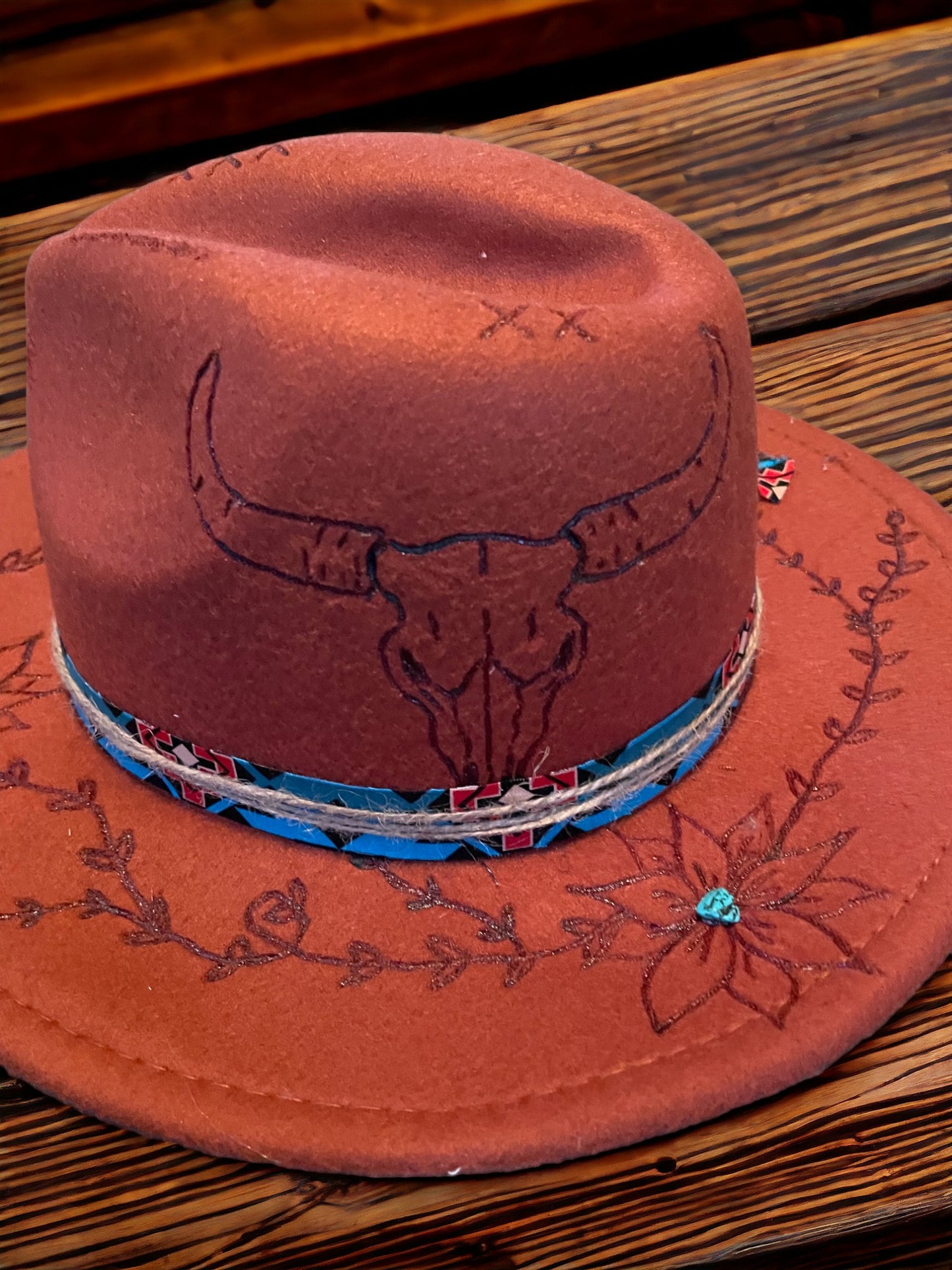 Custom Burned Western Fedora Style Hat