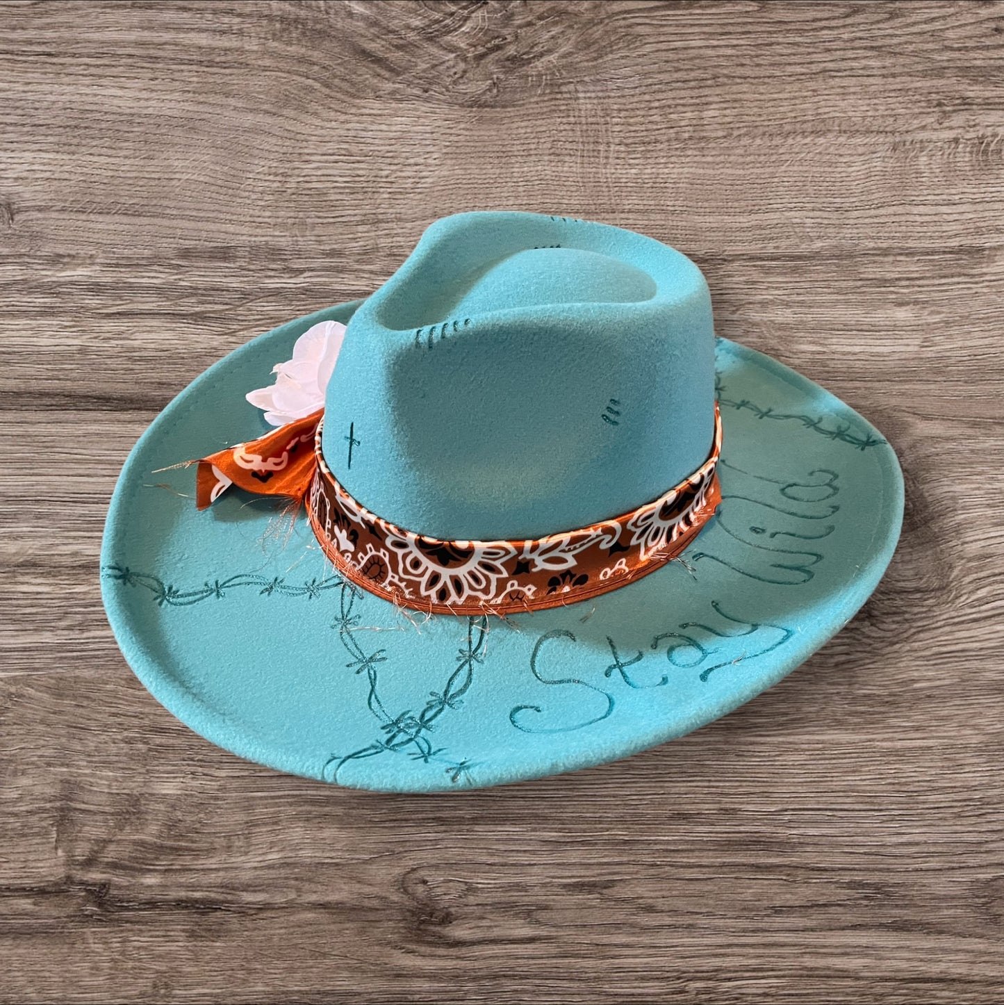 Stay Wild Boho Western Turquoise Burned Hat Adjustable Felt/Polyester